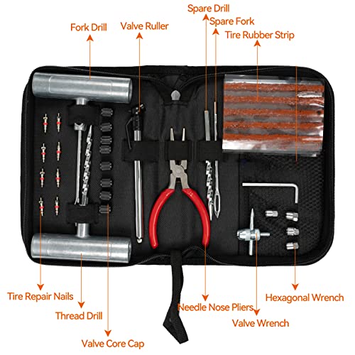 AUTOXBERT Universal Tire Repair Kit 45Pcs Heavy Duty Car Emergency Tool Plug Set | quick puncture fix;refined quality steel;airtight seal flex;fit tractors mowers;t-handle spiral tool;portable storage case; - size: 45pcs Compact kit