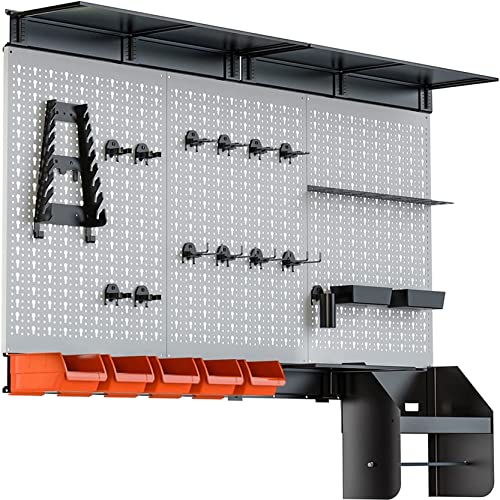 TORACK Pegboard Wall Organizer 4 ft. Garage Metal Pegboard Tool Organizer System, Tools Storage Peg Board Kit with Hooks and Accessories, Wall Mounted Storage Bins, Overhead Shelves - color: Grey