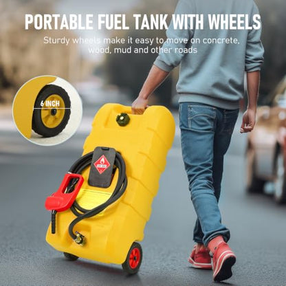 15 Gallon Gas Can, Fuel Tank Container with LE Fluid Transfer Manual Siphon Pump & 10FT Hose, Portable Diesel Gas Storage Caddy with Wheels for Car, ATV, Weeder, Boat, etc., Yellow - color: Yellow