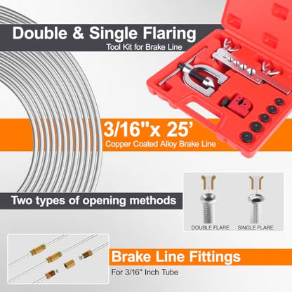 3/16" Brake Line Repair Kit, Double & Single Brake Line Flaring Tool Kit + 25ft 3/16 Inch Zinc Coated Brake Line with 40 Pcs Fittings(4 Unions Included) + Brake Line Bender - color: Silver, size: 3/16"