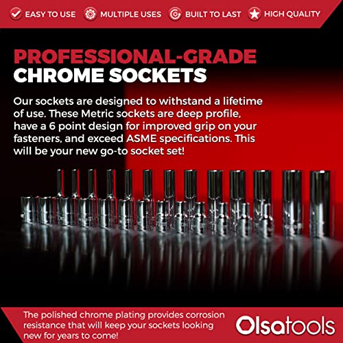Olsa Tools Metric Deep Socket Set - 1/4-Inch Drive, 14pc - 6-Point Chrome Sockets from 4mm–15mm and No Skipped Sizes - Mechanic Deep Metric Socket Set - Professional Grade Long Sockets - Part: 1327 - color: Metric Deep, size: 14pc, 1/4-Inch Drive