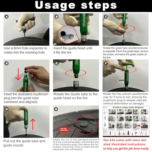 Richcat Tubeless Tire Puncture Repair Kit with Mushroom Plug, Repairs punctures and Flat Tires for Motorcycles, Cars, Trucks, ATVs and Tractors