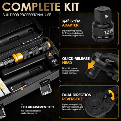 YIYEIE 3/4″ Drive Click Torque Wrench Set 3PCS, 100-700 FT-LB/136-949 Nm | ±3% Accuracy, 48-Tooth Ratchet, Dual-Direction Loud Click Torque Wrench for Heavy Trucks, RV, Tractor, Trailer,Diesel Engine - size: 3/4″ 3 PCS