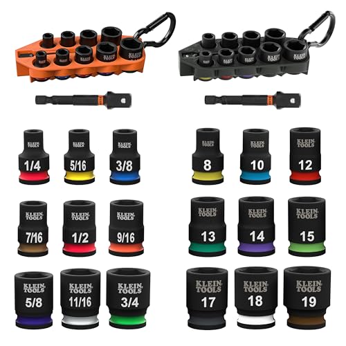 Klein Tools 80207 Grab-And-Go Impact Socket Sets, SAE and Metric, 20-Piece Set with Sleeves, Carabiners, 3/8-Inch Drive, Color-Coded, 1/4-Inch to 3/4-Inch, 8 mm to 19 mm Sockets - size: 20-Piece