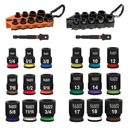 Klein Tools 80207 Grab-And-Go Impact Socket Sets, SAE and Metric, 20-Piece Set with Sleeves, Carabiners, 3/8-Inch Drive, Color-Coded, 1/4-Inch to 3/4-Inch, 8 mm to 19 mm Sockets - size: 20-Piece