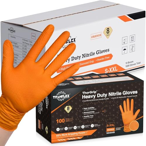 TitanFlex Heavy Duty Industrial Orange Nitrile Gloves, 8-mil, Gloves Disposable Latex Free with Raised Diamond Texture Grip, Powder Free, Rubber Glove, Mechanic Gloves,1000-ct Case (XL) - color: 03 8mil (1000ct), size: X-Large
