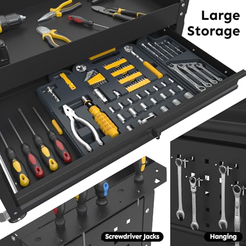 3-Tier Rolling Utility Cart, Metal Tool Cart on Wheels with Lockable-Black | 330 lb. Load Capability Heavy Duty Tool Cart with Drawers, Mechanic Tool Cart for Garage, Warehouse, Repair Shop - color: Black