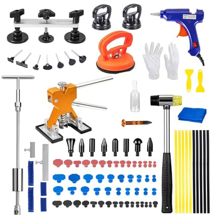 97pcs Dent Puller Kit, Car Dent Puller for Dent Repair, Car Dent Puller Kit with Golden Lifter, Slide Hammer T-Bar, Bridge Puller, Paintless Dent Removal Kit for Car Refrigerator Door Ding Repair