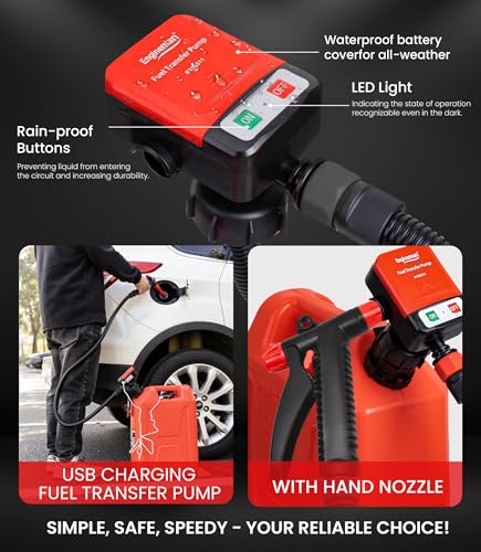 3.2GPM Battery Powered USB Charging Fuel Transfer Pump with Hand Shut Off Nozzle, 51" Long Hose, 4 Adapters, Portable Gas Pump Ideal For Gasoline, Diesel, Kerosene Transfer - color: 3.2 GPM With Hand Nozzle