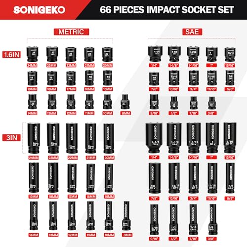 66-Pieces 1/2" Drive Impact Socket Set, 6-Point Deep & Standard, CR-V Steel, Metric & SAE from 5/16"-1-1/4",8-24mm, Includes Ratchet Handle & Extension Bar - size: 66 PCS, 1/2" Socket Set, Metric & SAE