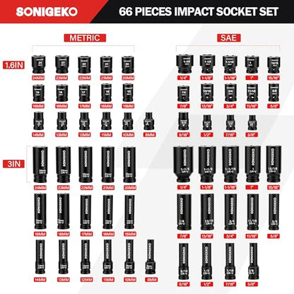 66-Pieces 1/2" Drive Impact Socket Set, 6-Point Deep & Standard, CR-V Steel, Metric & SAE from 5/16"-1-1/4",8-24mm, Includes Ratchet Handle & Extension Bar - size: 66 PCS, 1/2" Socket Set, Metric & SAE