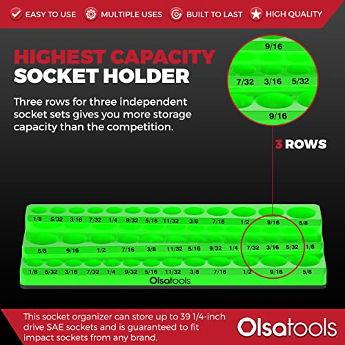 Magnetic Socket Organizer - 3 Rows, 1/4" Drive, SAE - color: Green, size: 1/4-Inch Drive, SAE