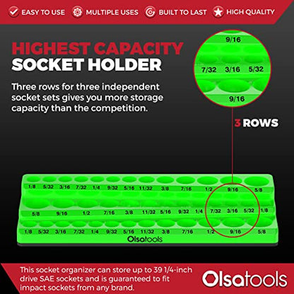 Magnetic Socket Organizer - 3 Rows, 1/4" Drive, SAE - color: Green, size: 1/4-Inch Drive, SAE