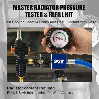 SGT Coolant Pressure Tester Kit, 33pc Universal Cooling System Radiator Leak Tester & Refiller with 23 Radiator Adapters,Master Coolant Vacuum Refill Kit with Vacuum Pump Vacuum Purge & Refill Tool