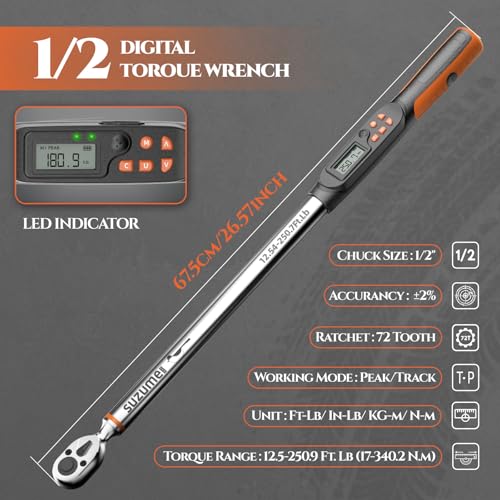 SUZUME Digital Torque Wrench 1/2 Drive (12.5-250.7 Ft. Lb/ 17-340 N.m) | ±2% Accuracy with Certify Beep and LED Alarm Peak & Track Dual-Direction Auto Truck SUV Vehicle Tire Machine - size: 12.5-250.9 Ft. Lb, style: 1/2-Inch