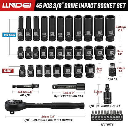 LLNDEI 3/8" Drive Impact Socket Set (Metric & Sae) 45Pcs | Transparent Case and EVA Foam Insert, Cr-V Material, Automotive Engine and Daily Home Repair, Engine Repair, Tire Changes