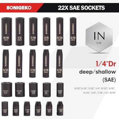 55-Piece 1/4" Drive Impact Socket Set, 6-Point deep & standard SAE/Metric(5/32"-9/16", 4-15mm), CR-V steel. Includes 2",4",6" Extension Bars, Universal Joint & Adapter,Ratchet Handle - size: 55 PCS, 1/4" Socket Set, Metric & SAE
