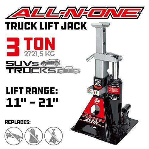 POWERBUILT 3 Ton All-in-One Hydraulic Bottle Jack and Jackstand in One, Compact, Wide Base, 11-21 Inch Range, Eliminates Jackstands, for Trucks, SUVs, RVs, Trailers, ASME, Not for Sedans - 640912 - color: Black