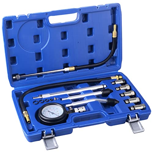 DAYUAN Professional Petrol Engine Compression Tester Kit (Dark Blue- 11Pcs) | Dual Scale Gauge, 0-300 PSI/0-20 Bar, Reinforced Rubber Hose - color: Dark blue- 11Pcs