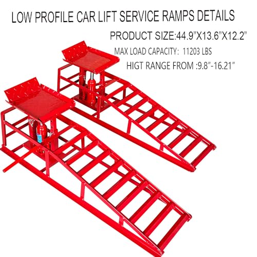 2 Pack Hydraulic Car and Truck Service Ramps,11023 Lbs (5 Tons) Capacity, Low Profile Car Lift Service Ramps for Oil Changes, Adjustable Lift Height 9.8" to 16.21", Home Garage,Vehicle Auto Garage Rep