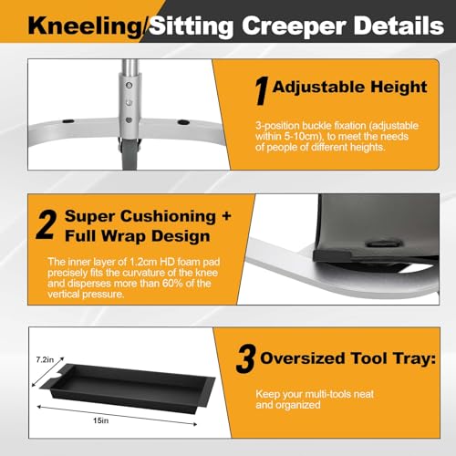 noblequest Kneeling Sitting Creeper with 3" Casters, 1.2cm Foam-Padded Rolling Knee Pads for all Floor Work, Rust-Proof Aluminum-Coated Frame, Three-Position Adjustable Seat, Supports 400 lbs, Black