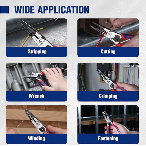 WORKPRO 6-in-1 Needle Nose Pliers, 8 Inch Multipurpose Long Nose Pliers with Wire Stripper/Crimper/Cutter Function, Premium Heavy-Duty CRV Steel Hand Tool Plier for Home, Crafts
