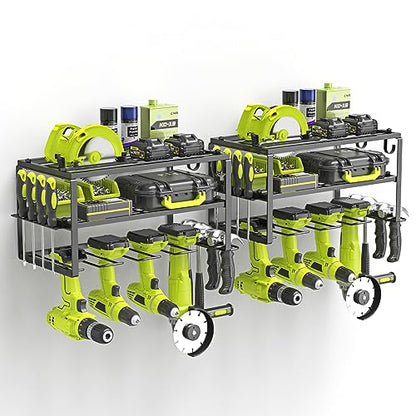 SUNALLY 3-Tier Heavy Duty Steel Power Tool Organizer, Matte Black, 3 Layers Tool Rack Cordless Drill, Floating Shelf Wall Mounted, 4 Drill Holders - style: 8 Drill Holders A