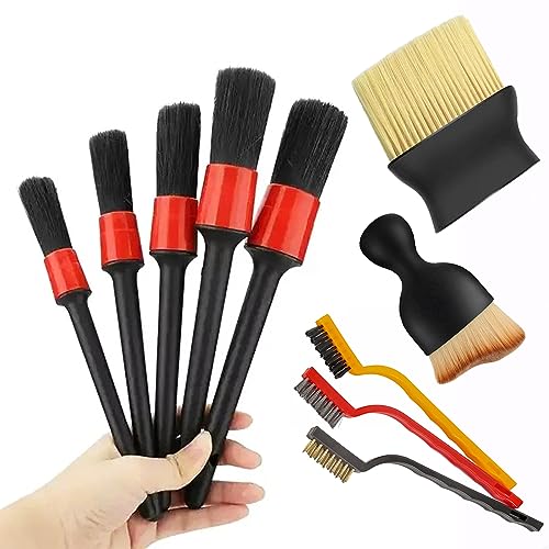 10pcs Auto Car Detailing Brush Set,Car Interior Cleaning Kit,Including 5pcs Car Detailing Brushes, 3pcs Wire Brush and 2pcs Different Soft Bristle dusting Brush for car Interior. - color: black, size: 10pc