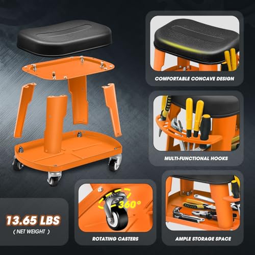 DNA Motoring Removable Rolling Garage Stool with Seat Cushion & Tool Tray Plate, 300lbs Max Weight Capacity, Orange, TOOLS-00479-OG - color: Orange