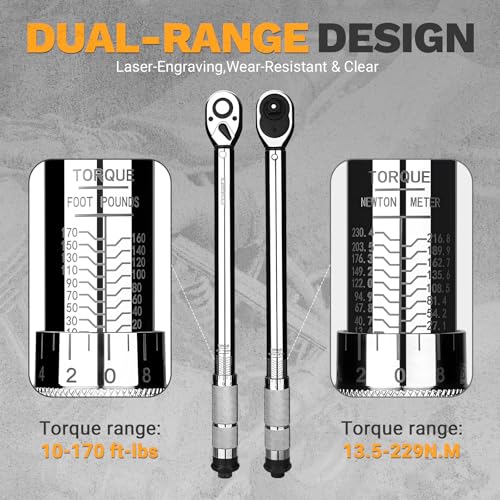 DEKOPRO Torque Wrench 1/2 Inch Drive Click, 10-170 Ft-Lb/13.5-229 Nm Car Torque Wrench, ±3% High Precision, 72 Tooth Torque Wrenches with Dual-Direction Adjustable for Bicycle, Car, Moto - size: 1/2 Inch (10-170 ft.-lb.)
