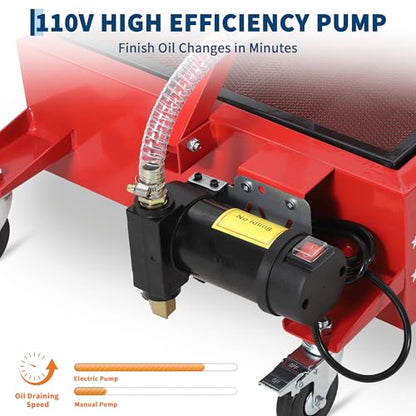 Garvee 20 Gal Electric Oil Drain Pan with 110V Pump, Low Profile Rolling Oil Drain Cart with 8.2 ft Hose, Foldable T-Handle & Lockable Swivel Casters, Leak-Proof & Heavy Duty for Cars, SUVs, Trucks - color: Red, size: 20 Gal + Electric