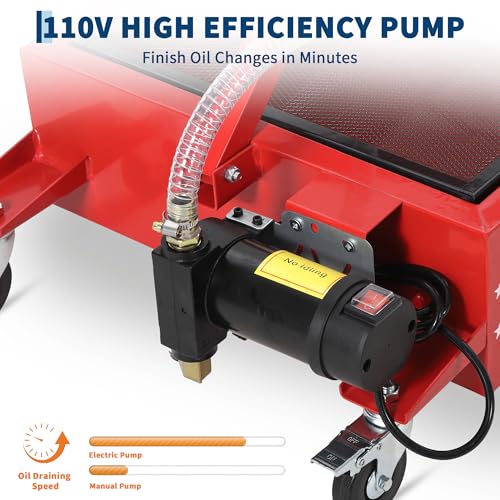 Garvee 25 Gal Electric Oil Drain Pan with 110V Pump, Low Profile Rolling Oil Drain Cart with 8.2 ft Hose, Foldable T-Handle & Lockable Swivel Casters, Leak-Proof & Heavy Duty for Cars, SUVs, Trucks - color: Red, size: 25 Gal + Electric