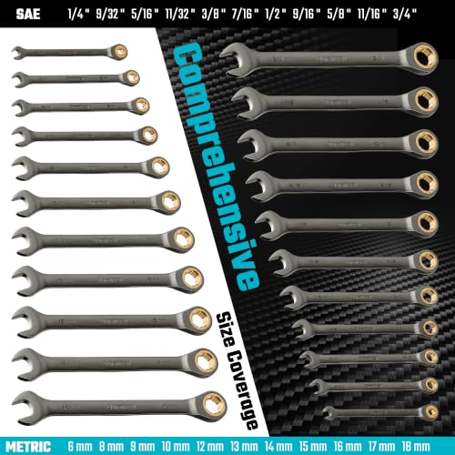 DURATECH Anti-Slip Ratcheting Wrench Set, Combination Wrench Set, 22-piece, Metric & SAE, 1/4" to 3/4" & 6-18mm, 72-Tooth, CR-V Steel, Nickel Plating, with Pouch - style: Anti-slip