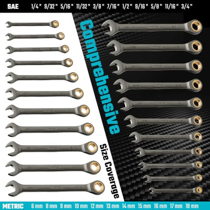 DURATECH Anti-Slip Ratcheting Wrench Set, Combination Wrench Set, 22-piece, Metric & SAE, 1/4" to 3/4" & 6-18mm, 72-Tooth, CR-V Steel, Nickel Plating, with Pouch - style: Anti-slip