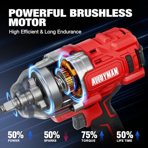 Alloyman Cordless Impact Wrench, 1475Ft-lbs (2000N.m) 1/2 High Torque Brushless Impact Gun, 20V Power Impact Driver, 2*4000mAh Battery,3 Sockets, Brushless Motor Variable Speeds for Car/Truck RV/Mower - style: 1475Ft-lbs /2x Battery