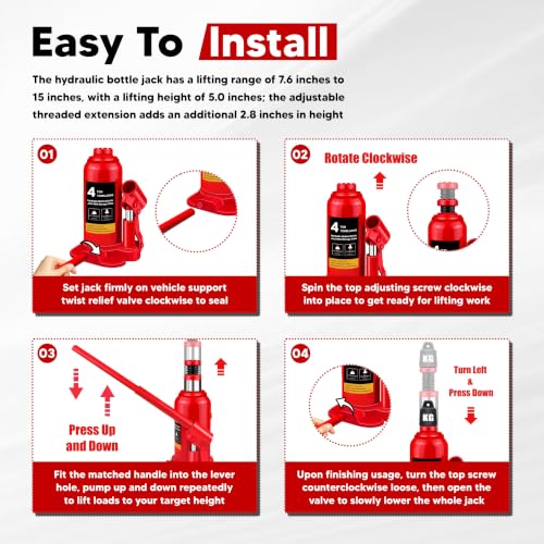 Hydraulic Bottle Jack with Carrying Case, 4 Ton (8,818 lb) Capacity, 7.7-15 inch Lifting Range, Muti-Directional Welded Bottle Car Jack for Car, Truck, RV, Pickup Truck, Auto Repair - size: 4 Ton