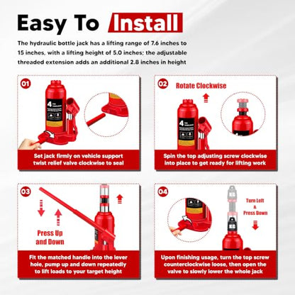 Hydraulic Bottle Jack with Carrying Case, 4 Ton (8,818 lb) Capacity, 7.7-15 inch Lifting Range, Muti-Directional Welded Bottle Car Jack for Car, Truck, RV, Pickup Truck, Auto Repair - size: 4 Ton