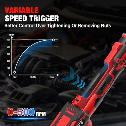 20V Cordless Ratchet Wrench 3/8" Set, 88 Ft-lbs(120N.m), 500 RPM, Electric Ratchet Wrench with 2PCS 2000mAh Batteries, Variable Speed, LED Light, 5 Sockets, 1/2" Adapter, 3" Extension Bar