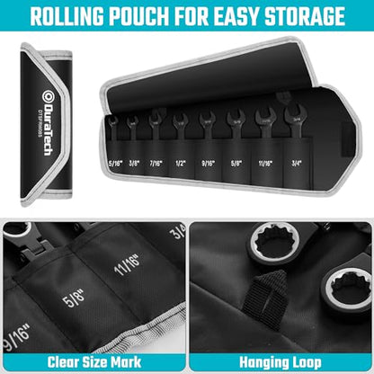 DURATECH Stubby Flex-head Ratcheting Combination Wrench Set, SAE, 8-piece, 5/16" to 3/4", CR-V Steel, Black Electrophoretic Coating, with Rolling Pouch - size: SAE