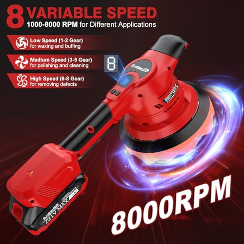 Brushless Cordless Car Buffer Polisher - SundpeyPRO 6 Inch Random Orbital Polisher with 8000RPM & 8 Variable Speed & 2 Battery & Fast Charger & 10PCs Polishing Kit for Waxing Polishing Scratch Removal