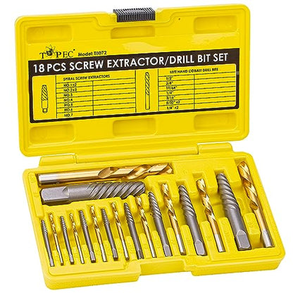 TOPEC Screw Extractor and Left Hand Drill Bit Set - 18 Piece Easy Out Bolt Extractor Kit for Removing Damaged Screws, Broken Bolts, Studs - size: 18 Piece