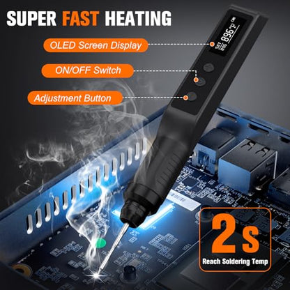 Soldering Iron Kit, Cordless Soldering Gun with 2 Helping Hands, 2s Fast Heating 356-896℉ OLED Solder Kit, Auto Sleep, Includes 360° Swivel Stand, C210 Tips, Wire, Wick, Sponges, Wrench, Black