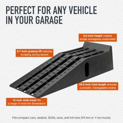 Ironton Car Ramps 12000 Lb GVW Set of 2, High-Impact Poly Vehicle Ramps 6000 Lb Each, 35.5 in. L x 12 in. W x 8.5 in. H, Non-Skid Tread and Rubber Feet, for Cars, SUVs, Trucks and Vans