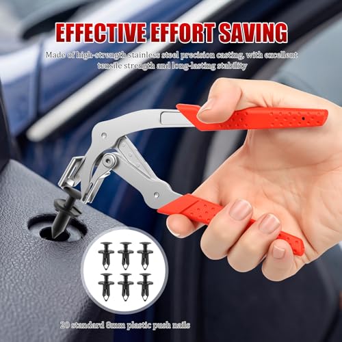 Professional Car Clip Pliers, Non-Destructive Auto Fastener Rivet Remover with 20Pcs 8mm Rivets, Stainless Steel Panel Clip Removal Pliers for Door Panels, Trim Clips, Rivets, and Interior Panels