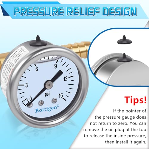 Boltigen Fuel Pressure Gauge, 0-15psi Fuel Pressure Gauge Kit, Glycerin Filled Fuel Pressure Regulator with Gauge for Car, 1/8'' NPT Inline Fuel Pressure Guage with 3/8'' 5/16'' Barb - color: White