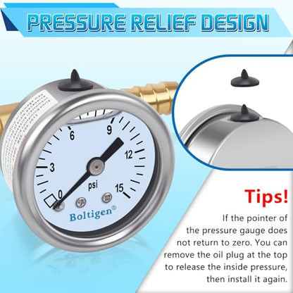 Boltigen Fuel Pressure Gauge, 0-15psi Fuel Pressure Gauge Kit, Glycerin Filled Fuel Pressure Regulator with Gauge for Car, 1/8'' NPT Inline Fuel Pressure Guage with 3/8'' 5/16'' Barb - color: White