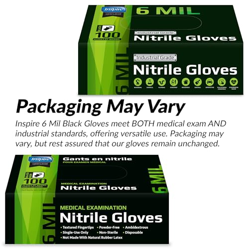 Inspire 6 or 8 Mil HEAVY DUTY Stretch Nitrile Black Gloves Disposable Latex Free - color: Black 6 Mil, size: X-Large