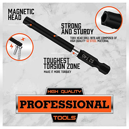 HORUSDY 13-Piece Security Torx Bit Set, 3” Impact Rated Tamper-Resistant Star Bits, S2 Alloy Steel, 1/4” Hex Shank, T5–T40, Long Power Tool Driver Bits - style: 13-Piece Torx Bit Set