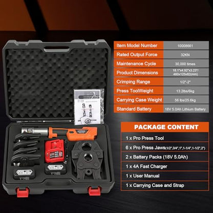 18V Brushless Copper Pipe Press Tool Kit for 1/2", 3/4", 1", 1-1/4", 1-1/2", 2", Electric Crimping Tool with 6 Jaws, 2-Pack 5.0Ah Batteries, OLED Display & Bluetooth