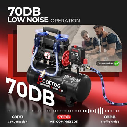 3 Gallon Ultra Quiet Air Compressor with Two Quick Couplers, 1.2HP MAX 115PSI Oil-Free Air Compressor Steel Tanks, 70dB Air Compressor with Wheels for Spray Painting, Auto Repair, Woodwork Nailing - size: 3G